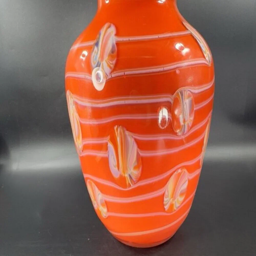 Tall Art Glass Vase Vessel Mushroom Top Orange With White Swirl Glass Vase 12inc